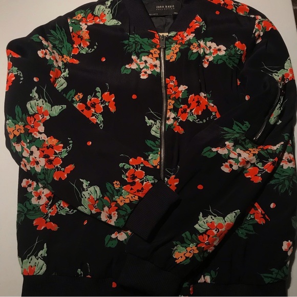 Zara Floral Bomber Style Jacket in Navy Blue Size Small Spring - Picture 4 of 10
